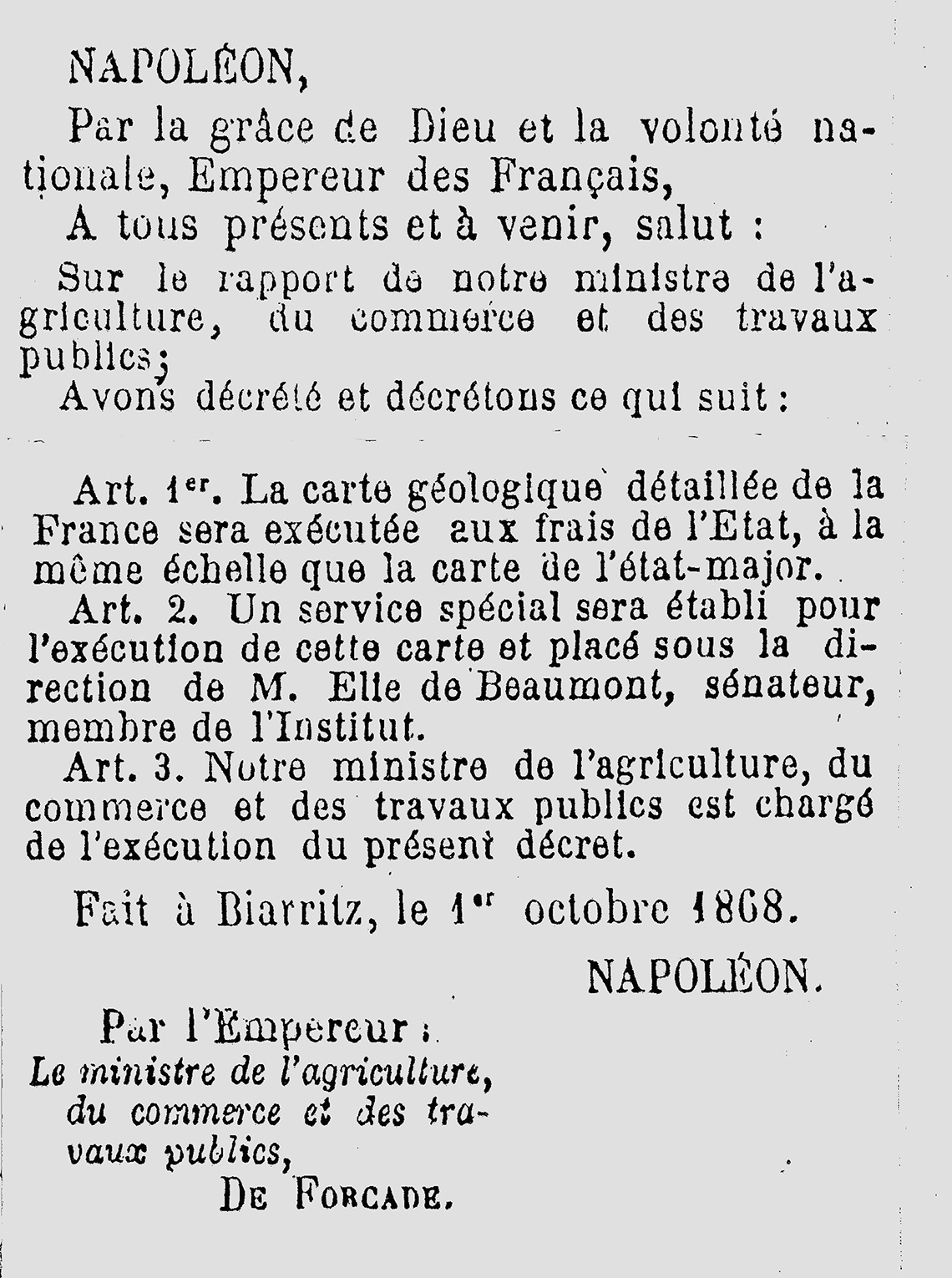 Décret de création du Service de la carte géologique, 1868.
