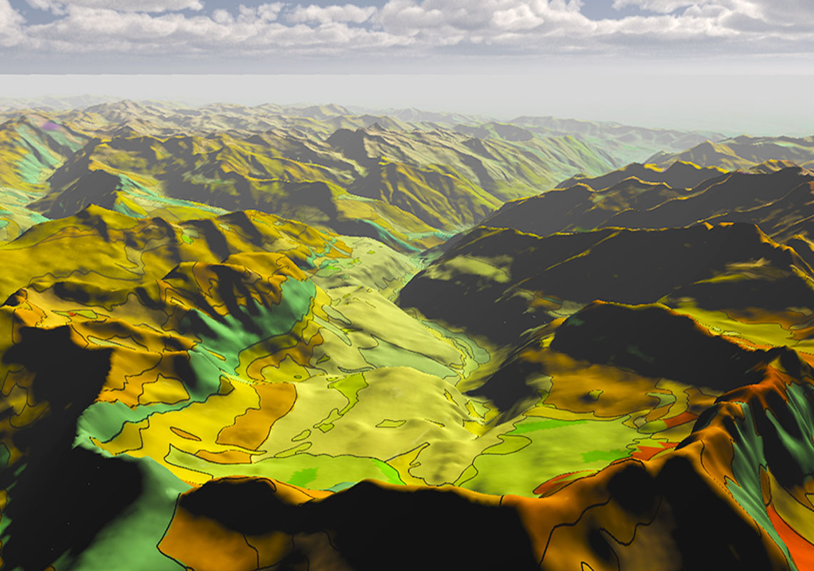 Extrait de la carte géologique RGF (Référentiel géologique de la France) des Pyrénées à 1/50 000 drapée sur modèle numérique d’altitude (Pyrénées, 2015).