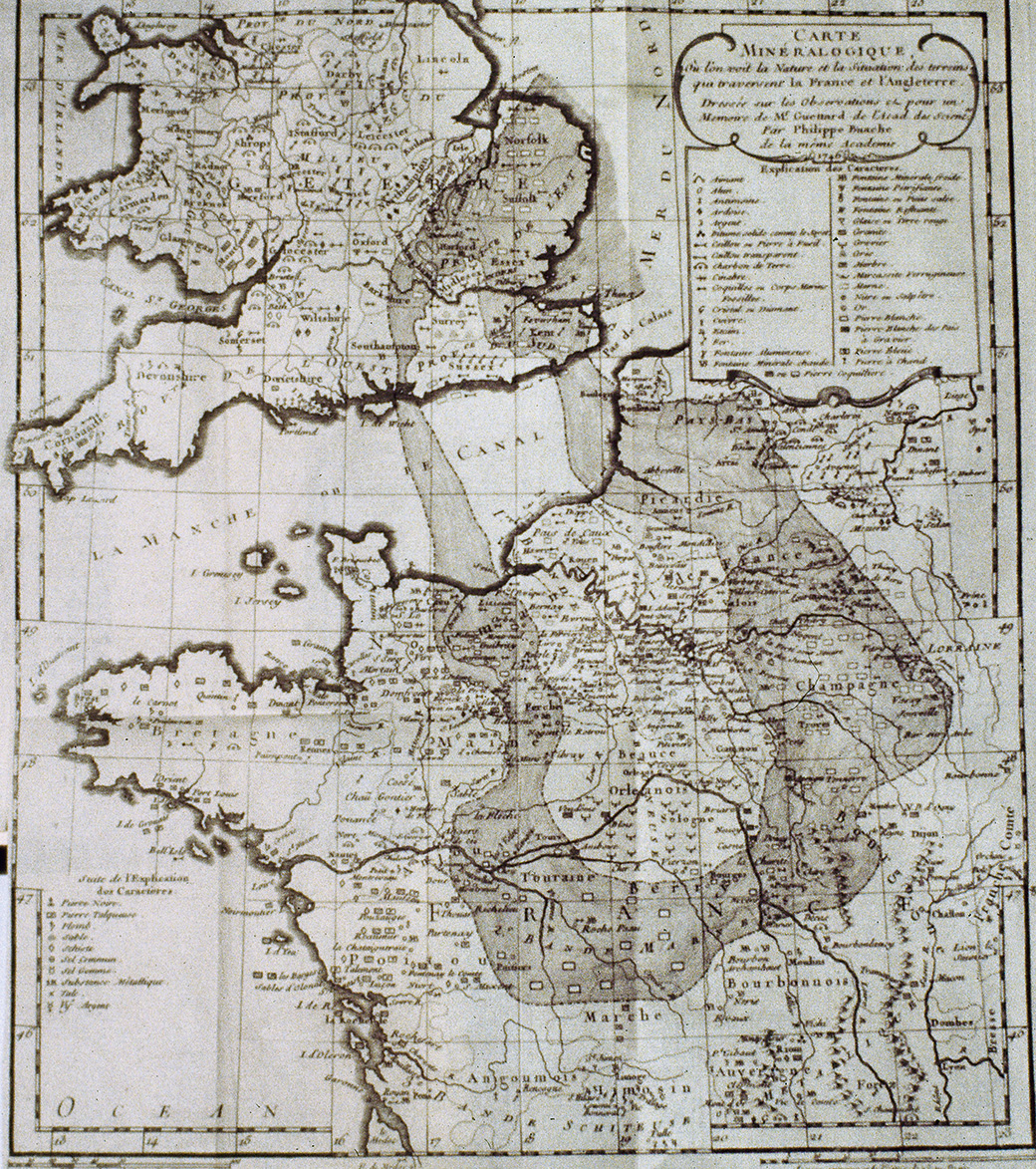Carte minéralogique sur la nature et la situation des terrains qui traversent la France et l’Angleterre, Jean-Étienne Guettard, 1746.